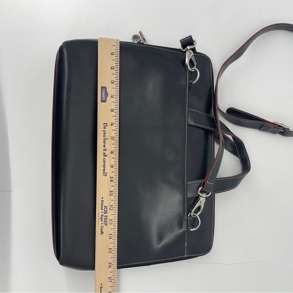 Lodis Laptop Bag Black Leather Red Trim Shoulder Strap Briefcase Career Pockets - Picture 7 of 8